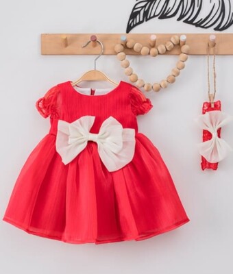 Toptan Kız Çocuk Fiyonklu Elbise 9-24M Eray Kids 1044-9308 Kırmızı