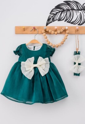 Toptan Kız Çocuk Fiyonklu Elbise 9-24M Eray Kids 1044-9308 Çağla Yeşili