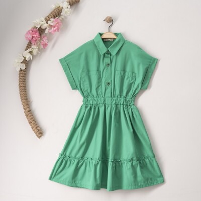 Toptan Kız Çocuk Gömlek Elbise 7-10Y Büşra Bebe 1016-23123 Yeşil