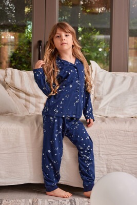 Toptan Kız Çocuk Gömlek Yaka Düğmeli Pijama Takımı 3-12Y Zeyland 1070-ZK24-118241 - Zeyland