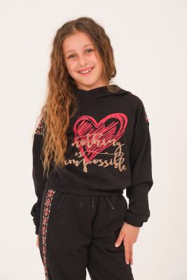 Toptan Kız Çocuk Kalp Baskılı Kapüşonlu Sweatshirt 8-15Y Jazziee 2051-252J4MTE61 Siyah