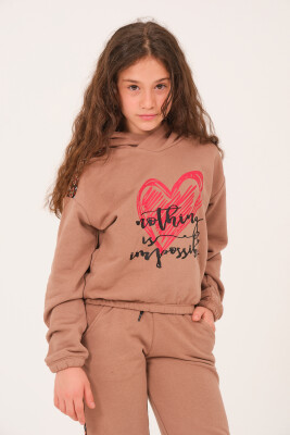 Toptan Kız Çocuk Kalp Baskılı Kapüşonlu Sweatshirt 8-15Y Jazziee 2051-252J4MTE61 - Jazziee