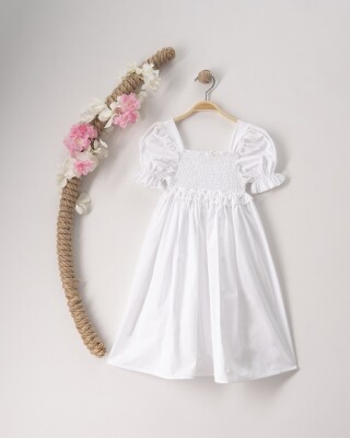Toptan Kız Çocuk Kare Yaka Elbise 3-6Y Büşra Bebe 1016-23148 Beyaz