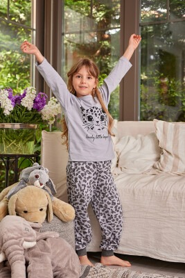 Toptan Kız Çocuk Kedi Baskılı Pijama Takımı 3-12Y Zeyland 1070-ZK24-122252 - Zeyland