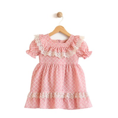 Toptan Kız Çocuk Kol Ucu Lastikli Kare Dantel Güpürlü Elbise 9-24M Lilax 1049-6027 - Lilax