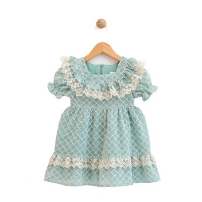 Toptan Kız Çocuk Kol Ucu Lastikli Kare Dantel Güpürlü Elbise 9-24M Lilax 1049-6027 - 2
