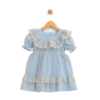 Toptan Kız Çocuk Kol Ucu Lastikli Kare Dantel Güpürlü Elbise 9-24M Lilax 1049-6027 Mavi