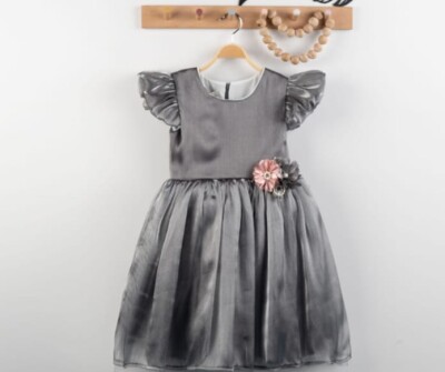 Toptan Kız Çocuk Kolu Fırfırlı Elbise 4-7Y Eray Kids 1044-9309 Gri