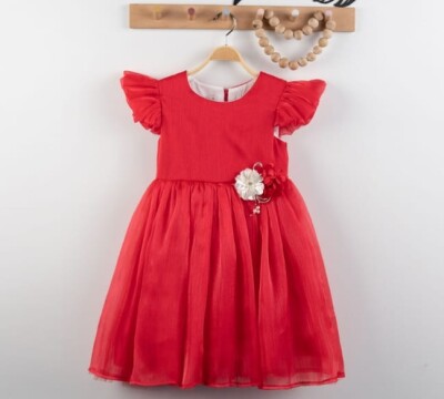 Toptan Kız Çocuk Kolu Fırfırlı Elbise 4-7Y Eray Kids 1044-9309 Kırmızı