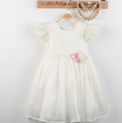 Toptan Kız Çocuk Kolu Fırfırlı Elbise 4-7Y Eray Kids 1044-9309 Beyaz