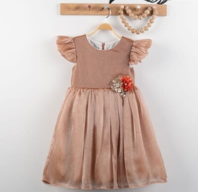 Toptan Kız Çocuk Kolu Fırfırlı Elbise 4-7Y Eray Kids 1044-9309 Bej