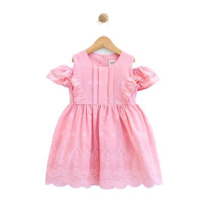 Toptan Kız Çocuk Omuz Detaylı Kolu Fırfırlı Elbise 2-5Y Lilax 1049-6086 Pembe