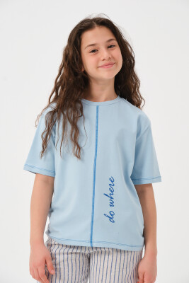 Toptan Kız Çocuk Ön ve Arka Baskılı T-shirt 8-15Y Jazziee 2051-241Z4ALE51 Mavi