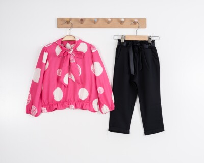 Toptan Kız Çocuk Puanlı Fiyonklu Bluz Takım 3-7Y Moda Mira 1080-7138 - 2