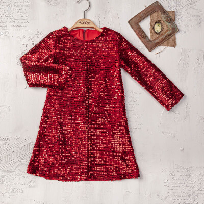 Toptan Kız Çocuk Pullu Kadifeden Elbisesi 3-6Y Elayza 2023-23117 Kırmızı