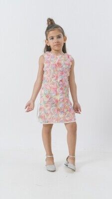 Toptan Kız Çocuk Renkli Güllü Düz Dar Elbise 2-5Y Wecan 1022-24323 - Wecan (1)
