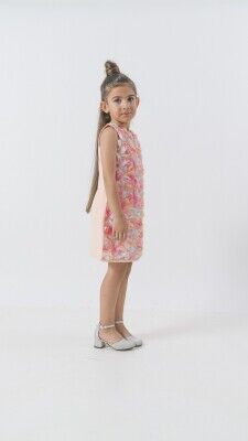Toptan Kız Çocuk Renkli Güllü Düz Dar Elbise 2-5Y Wecan 1022-24323 Somon