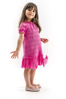 Toptan Kız Çocuk Yakası Lastikli Kollu Elbise 2-5Y Wecan 1022-23329 Fuşya