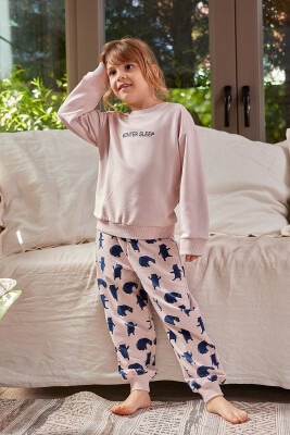 Toptan Kız Çocuk Yazı Nakışlı Pijama Takımı 3-12Y Zeyland 1070-ZK24-116240 - Zeyland