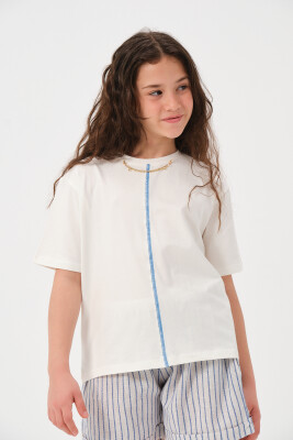Toptan Kız Çocuk Zincir Kolye Detaylı Baskılı T-shirt 8-15Y Jazziee 2051-241Z4ALP51 - Jazziee