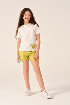 Toptan Kız Çocuk Zincir Kolye Detaylı, Kalp Baskılı T-shirt 8-15Y Jazziee 2051-241Z4ALN51 Yeşil