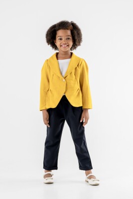 Toptan Kız Düz Ceketli 3,lü Takım Ceket Pantolon 3-7Y Moda Mira 1080-7126 Sarı