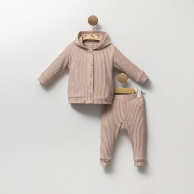 Toptan Unisex Bebek 2'li Takım Hırka ve Pantolon Takım 6-12M Cassiope 2061-473792 Somon Melanj