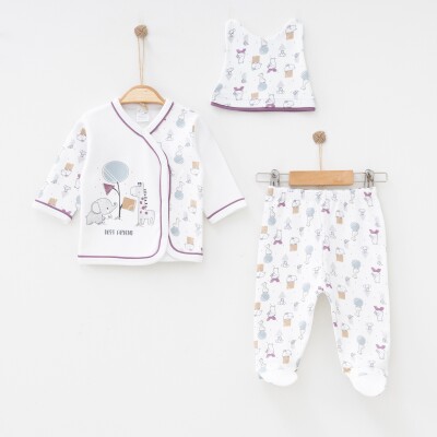 Toptan Unisex Bebek 3'lü Yenidoğan Takım 0-3M Gümüş Baby 2043-0018 Lila