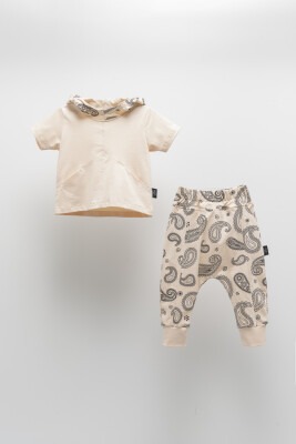 Toptan Unisex Çocuk 2'li Tişört ve Pantolon Takım 2-5Y Moi Noi 1058-MN51192 Bej