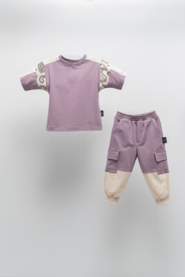 Toptan Unisex Çocuk 2'li Tişört ve Pantolon Takım 6-9Y Moi Noi 1058-MN51333 Mor