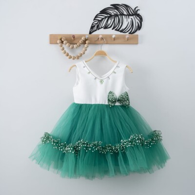 Yaka İşlemeli Elbise Eray Kids 1044-9305 Koyu yeşil
