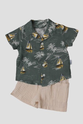 Wholesale 2-Piece Baby Boys Patterned Shirt Set with Muslin Short 6-24M Kidexs 1026-65104 Khaki