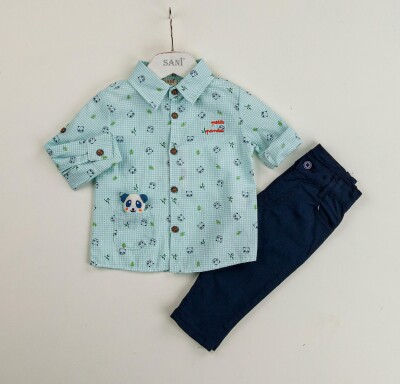 Wholesale 2-Piece Baby Boys Patterned Shirt Set With Pants 9-24M Sani 1068-6929 Mint Green 