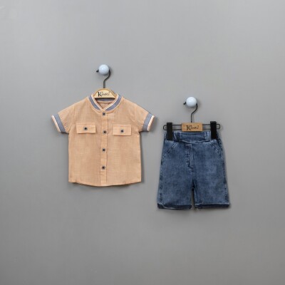 Wholesale 2-Piece Baby Boys Shirt Set with Denim Shorts 12-18M Kumru Bebe 1075-3902 Лососевый цвет