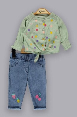 Wholesale 2-Piece Baby Girls Denim Pants Set With Blouse 6-18M Kumru Bebe 1075-3863 Mint Green 