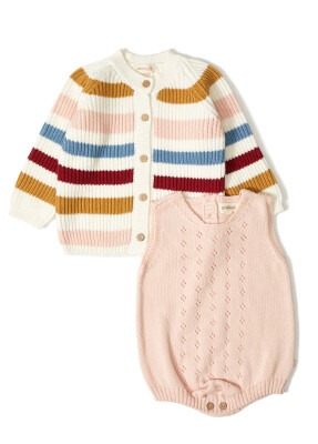 Wholesale 2-Piece Baby Girls Organic Cotton Cardigan and Onesies 3-12M Uludağ Triko 1061-21031 - 1
