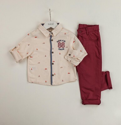 Wholesale 2-Piece Boys Patterned Shirt Set with Pants 2-5Y Sani 1068-9814 Beige