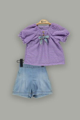 Wholesale 2-Piece Girl Denim Shorts Set with Plaid Blouse 2-5Y Kumru Bebe 1075-3699 Лиловый 