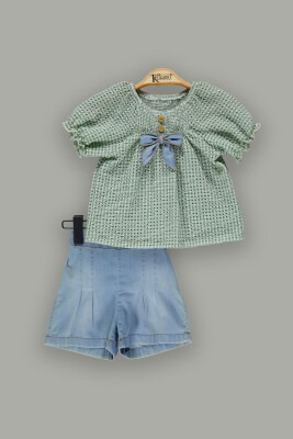 Wholesale 2-Piece Girl Denim Shorts Set with Plaid Blouse 2-5Y Kumru Bebe 1075-3699 - Kumru Bebe
