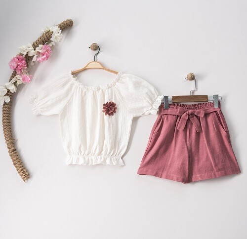 Wholesale 2-Piece Girls Blouse and Linen Shorts Set 7-10Y Büşra Bebe 1016-23101 - 2