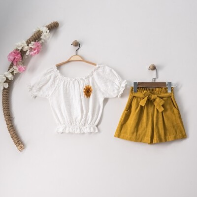 Wholesale 2-Piece Girls Blouse and Linen Shorts Set 7-10Y Büşra Bebe 1016-23101 Mustard