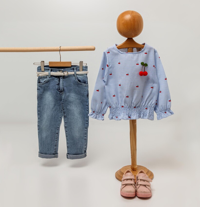 Wholesale 2-Piece Girls Blouse Set with Denim Pants 2-5Y Sani 1068-9807 - 1