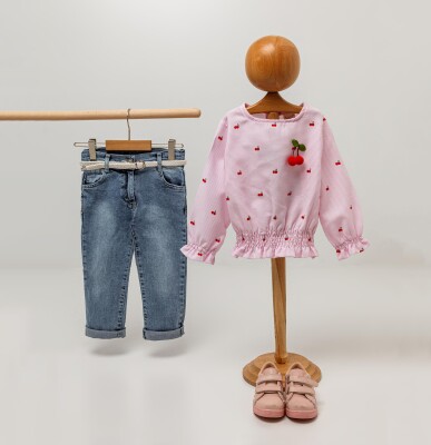 Wholesale 2-Piece Girls Blouse Set with Denim Pants 2-5Y Sani 1068-9807 - Sani (1)