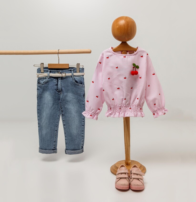 Wholesale 2-Piece Girls Blouse Set with Denim Pants 2-5Y Sani 1068-9807 - 2