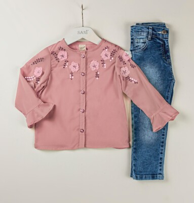 Wholesale 2-Piece Girls Denim Pants Set with Blouse 2-5Y Sani 1068-9801 Розовый 