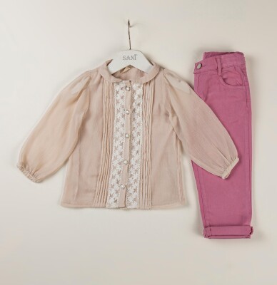 Wholesale 2-Piece Girls Long Sleeve Blouse Set with Pants 2-5Y Sani 1068-9796 - 1