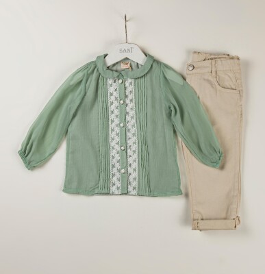 Wholesale 2-Piece Girls Long Sleeve Blouse Set with Pants 2-5Y Sani 1068-9796 Green Almond