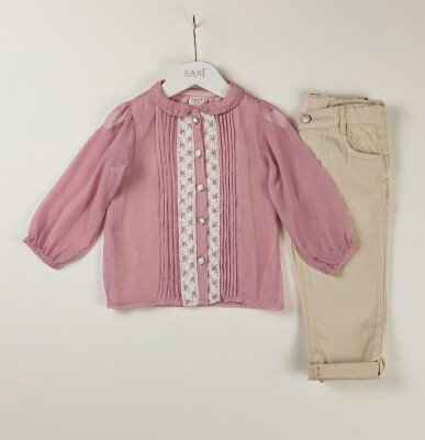 Wholesale 2-Piece Girls Long Sleeve Blouse Set with Pants 2-5Y Sani 1068-9796 Pink