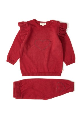 Wholesale 2-Piece Girls Organic Knitwear Set with Sweater and Pants 3-12M Uludağ Triko 1061-21035 Claret Red