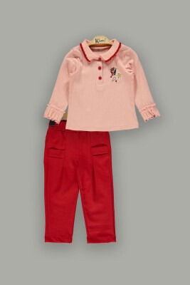 Wholesale 2-Piece Girls Pants and Long Sleeve T-shirt 2-5Y Kumru Bebe 1075-3928 Salmon Color 